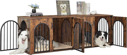 Hzuaneri 71" Dog Crate Furniture for 2 Dogs, Heavy Duty Indoor Dog Kennel TV Stand, XL Wooden Dog Cage with Divider for Medium Large Dogs, End Table Dog Crate with Cushion, Rustic Brown DFC81901B