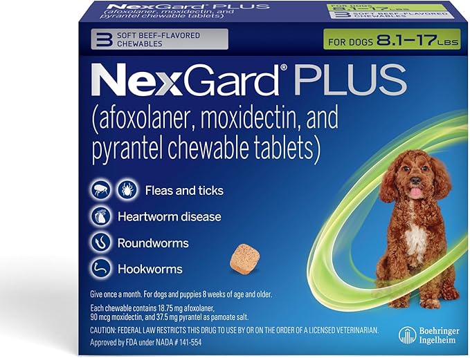 NexGard Plus (afoxolaner, moxidectin, and pyrantel) Flea and Tick Protection & Heartworm Preventive for Dogs Soft Beef Flavored Chewables, 8.1-17 lbs. (Green) 3 Chews (3 Month Supply)