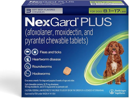 NexGard Plus (afoxolaner, moxidectin, and pyrantel) Flea and Tick Protection & Heartworm Preventive for Dogs Soft Beef Flavored Chewables, 8.1-17 lbs. (Green) 3 Chews (3 Month Supply)