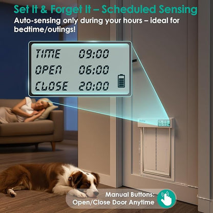 Automatic Dog Door with Collar Sensor, Large Electronic Dog Door for Door with Anti-Pinch, Mains-Powered, LCD Display, Timing Function, Metal(L)
