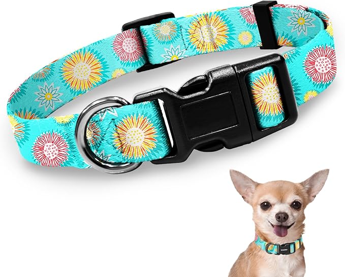 Kazazoo Dog Collar Cute and Soft Nylon Puppy Collar for Boy and Girl, Adjustable Dog Collars for Small Medium Dogs, Blue Sunflowers-XS