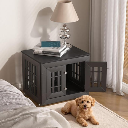 Snuowu 26" Heavy Duty Dog Crate Furniture for Small,Medium and Large Dogs,Rustic Wooden Dog Cage Kennel Indoor Furniture with Waterproof Top,Decorative Pet House Side End Table (Black)