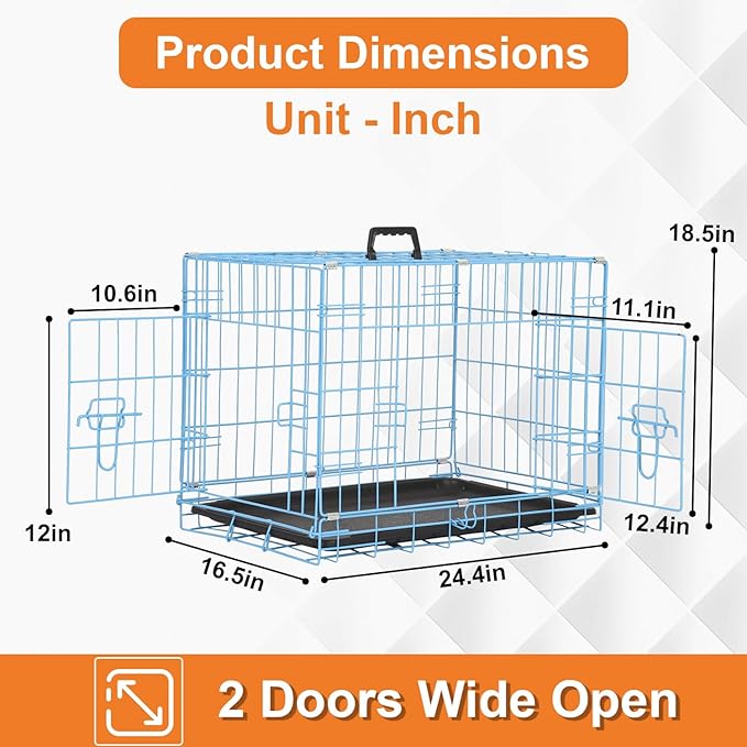 Wire Dog Crate 24 Inch Dog Kennel Cage, Double Door Folding Dog Cage, Wire Dog Kennel with Removable Tray, Indoor&Outdoor,Blue