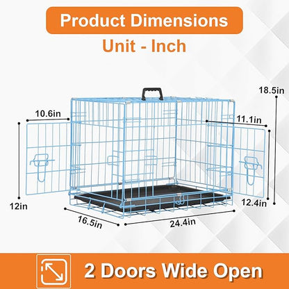Wire Dog Crate 24 Inch Dog Kennel Cage, Double Door Folding Dog Cage, Wire Dog Kennel with Removable Tray, Indoor&Outdoor,Blue