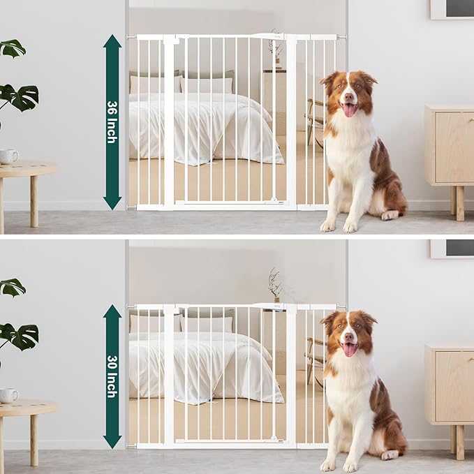 keny 36" Extra Tall Baby Gate for Doorways, Fits Openings 29.7" to 46" Wide, Auto Close Pressured Mounted Dog Gate for Stairs, No Drilling Easy Install Pet Gate, White