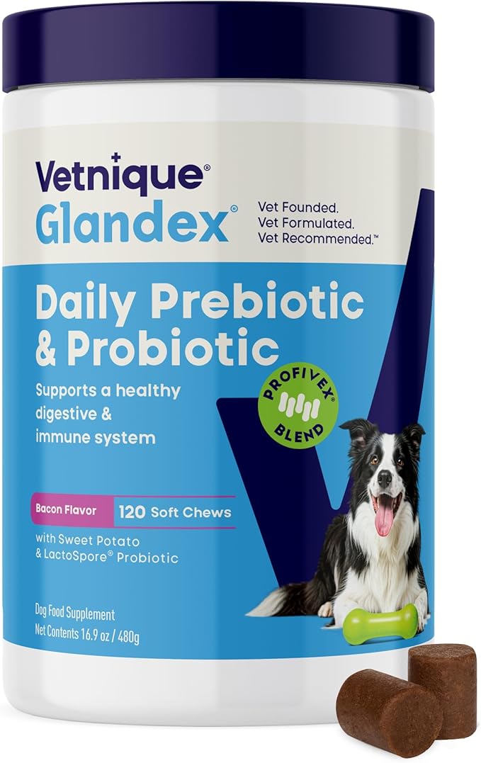 Vetnique Glandex Daily Probiotics for Dogs with Prebiotics to Support Gut Health, Diarrhea with Fiber and Digestive Enzymes, Dog Probiotic Chews or Powders (120ct Chews, Bacon Chews)