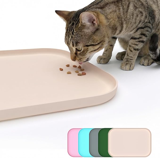 BLESWIN Non-Slip Silicone Dog Food Mat for Food and Water, 18" x 12" Raised Edge Pet Feeding Mat - Waterproof Dog Bowl Mat Easy Clean for Floor Protector,Beige