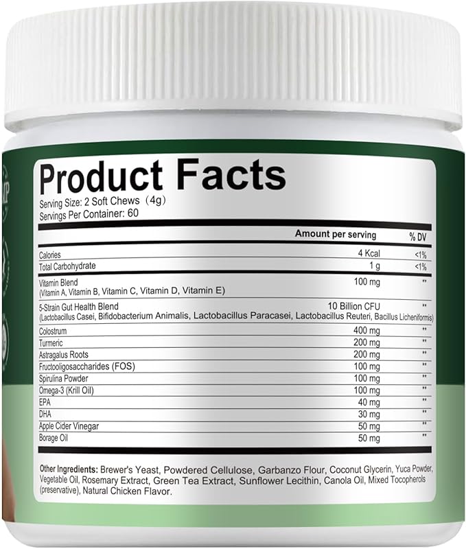 Probiotics for Dogs, Improve Itchy Skin Itchy Ears, Yeast Balance, Immune Support, Dog Probiotics (10 Billion CFU) for Dog Skin & Cost Care, Allergy Relief Chews + Vitamins Blend Chicken (120 Ct)