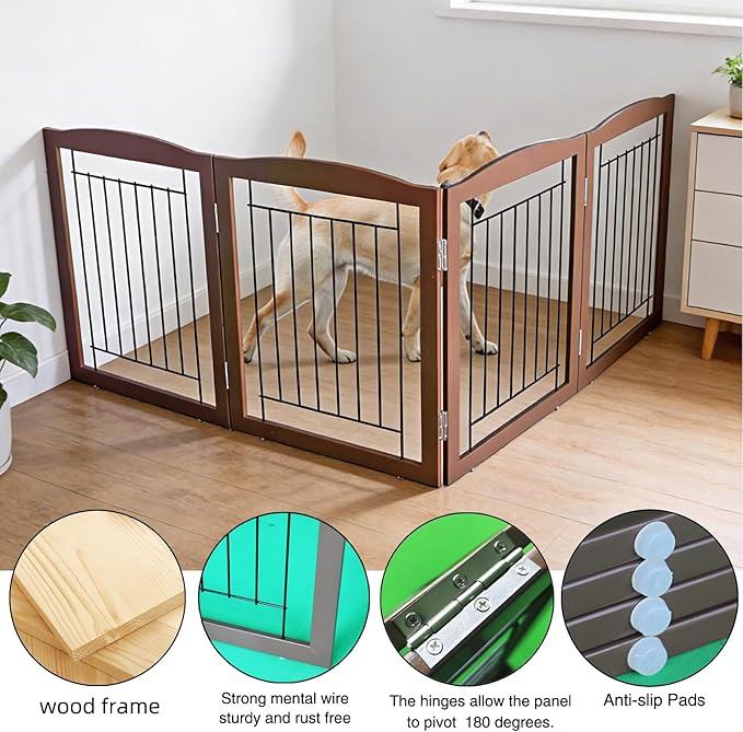 ZJSF Freestanding Foldable Dog Gate for House Extra Wide Wooden Brown Puppy Gate Stairs Dog Gates Doorways Tall Pet Gate 24 "Height 4 Panels Pet Fence