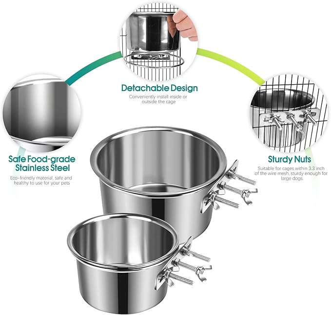 2 Pcs Large Dog Food Water Bowl for Cage with Upgraded Clamp Holder, Pet Kennel Hanging Bowls Stainless Steel Detectable Bowls Crate Feeder Dish for Large Dogs (7.1x3.7'' & 5.1x2.7'')