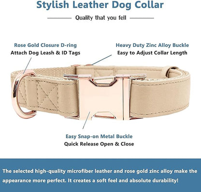 Soft Leather Dog Collar and Leash (6.6') Set - Stylish Rose Gold Heavy Duty Metal Buckle, 4 Adjustable Lengths Leash for Small Medium Large Dogs - Comfortable & Easy to Clean Beige M(13.8"-19.7")