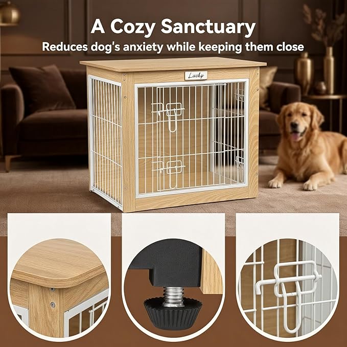 Oak Dog Crate Furniture with Reversible Side Door, 28'' Wooden Indoor Dog Kennel for Small Medium Dogs, Furniture Style End Table Dog Crate with Double Locks, Steel Mesh Dog Cage
