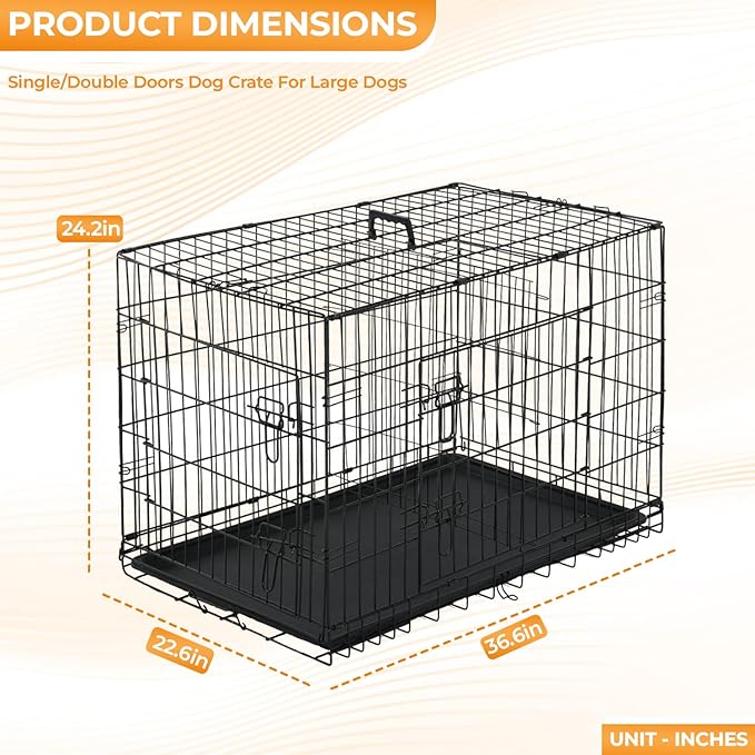 PayLessHere Large Dog Crate Kennel for Medium Large Dogs Metal Dog Cage Double-Door Folding Travel Indoor Outdoor Puppy Playpen with Divider and Handle Plastic Tray (36 Inch, Black)
