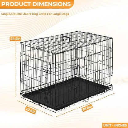 PayLessHere Large Dog Crate Kennel for Medium Large Dogs Metal Dog Cage Double-Door Folding Travel Indoor Outdoor Puppy Playpen with Divider and Handle Plastic Tray (36 Inch, Black)