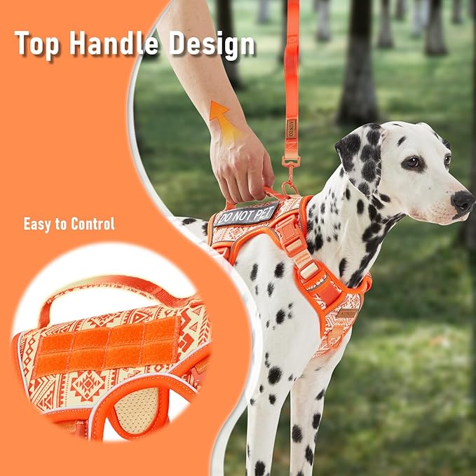 AUNZO Orange Tactical Dog Harness Vest for Large Dogs No Pull Adjustable Reflective Military Pet Harness with Handle for Golden Retriever, Doberman Pinscher, Rottweiler, Great Dane Service Dog, XL