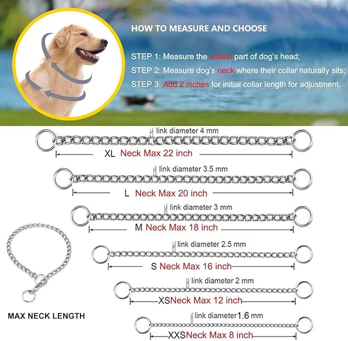 Heavy Duty Metal Chain Martingale Collar:,Adjustable Choke Slip Collar for Training Large & Extra Large Dog Breeds