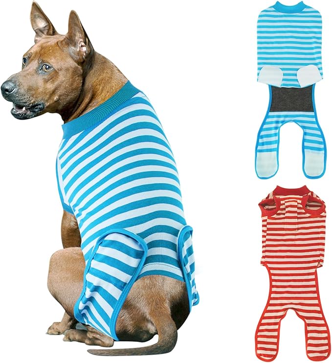2 Packs Breathable Cotton Dog Recovery Suit for After Neuter Spay Abdominal Wounds Protector, Professional Anti-Licking Onesies for Male Female Pets Surgery Bandages, XL Red & Blue Stripes