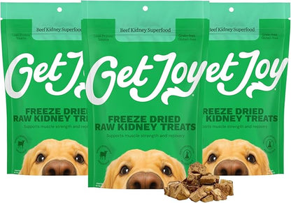 Get Joy Freeze Dried Dog Treat, 100% Beef Kidney, 4 Ounce Bag (Pack of 3), Single Ingredient Organ Meat, High Protein, Immune Health, Muscle Repair, Grain Free, Gluten Free, Made in USA