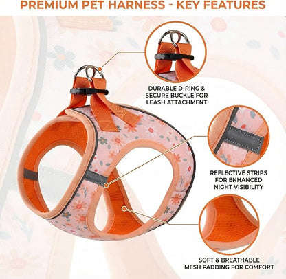 Mihqy Step in Dog Harness and Leash Set, Reflective Adjustable No Pull Dog Harness for Small Medium Dogs Puppy and Cats, Soft Padded Mesh Vest Harnesses for Girl and Boy Pets(Orange Floral,L)