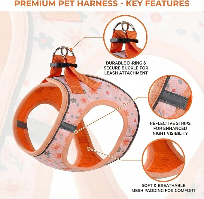Mihqy Step in Dog Harness and Leash Set, Reflective Adjustable No Pull Dog Harness for Extra-Small/Small Dogs Puppy and Cats, Soft Padded Mesh Vest Harnesses for Girl and Boy Pets(Orange Floral,XS)