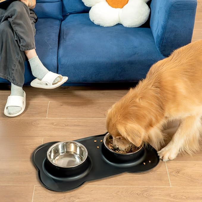 Conlun Dog Bowls with Non-Slip Silicone Mat, Spill Proof Large Food & Water Bowls Set, Easy Clean Dog Food Dish, Dishwasher Safe, Suitable for Dogs Cats Pet Under 90lbs, Large, Black