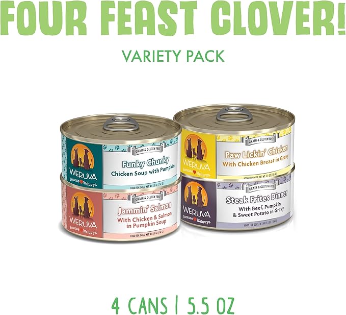 Weruva Classic Dog Food, Four Feast Clover Trial Variety Pack, 5.5oz Can, Pack of 4
