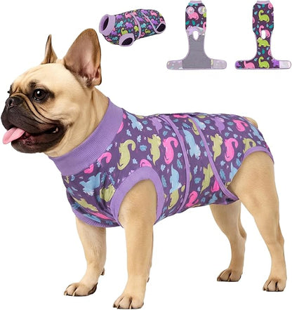 PetWarm Dog Post Surgery Suit Female Spay, Pet Recovery Suit for Dogs, Onesies for Dogs, Substitute E-Collar and Cone, Anti-Licking Dog Onesie for Surgery Female, Dinosaur Pattern, Purple, XS
