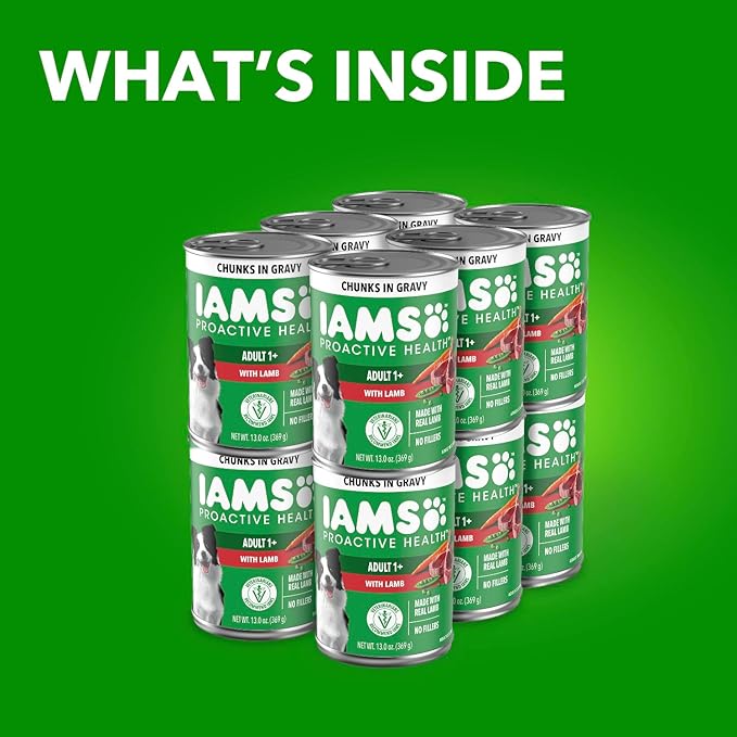 IAMS Proactive Health Wet Dog Food Adult, Canned Dog Food, Lamb Chunks in Gravy, 13 oz. Cans, Pack of 12