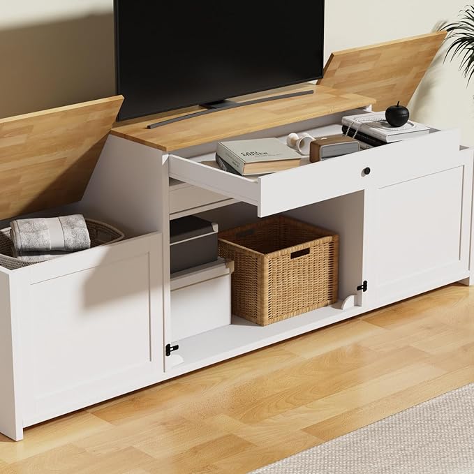 78" Dog Crate Furniture TV Stand, Tiered Dog Kennel for Medium Dogs with Stepped Design, Wooden Dog Cage with Storage Cabinets & Drawer, Heavy Duty Indoor Door House Media Console, White