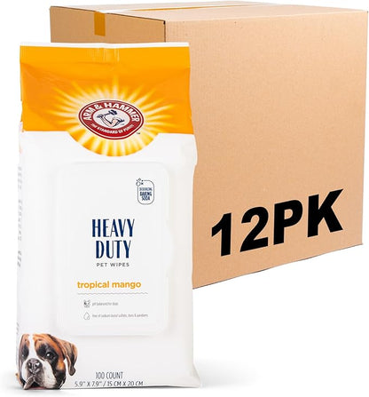 Arm & Hammer for Pets Heavy Duty Multipurpose Dog Wipes, Paw and Butt Wipes for Dogs to Help Clean Deodorize and Freshen Coat and Skin Between Baths, Mango Scent, 100 Count - 12 Pack