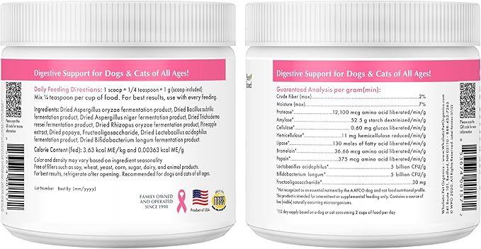 Wholistic Pet Organics Daily Cat & Dog Probiotics for Digestive Health, Anti Diarrhea & Gut Support - Probiotics for Dogs with Digestive Enzymes & Prebiotic Fiber - Cat Probiotic - 2 Oz - 57 Scoops