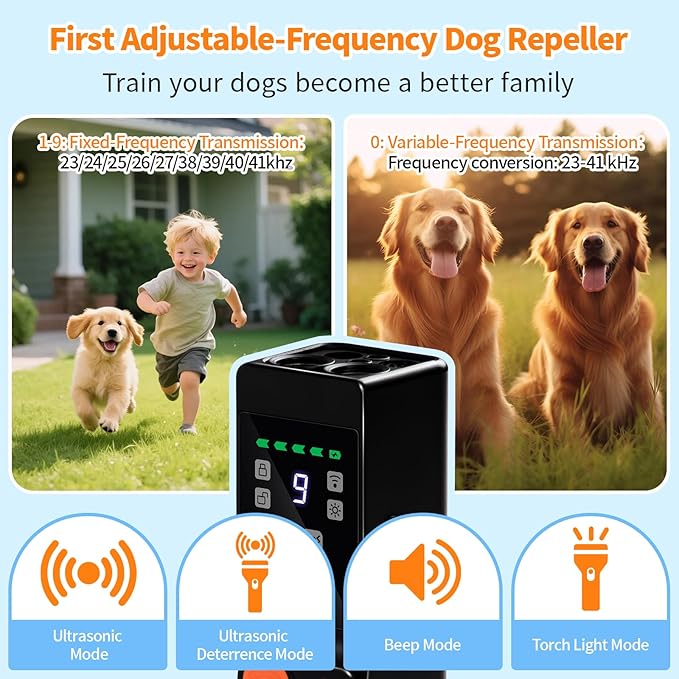 Dog Bark Deterrent Device, 4X Ultrasonic Dog Repeller with Powerful Flashlight, Human & Pet Safe, Effective Training & Deterrent Aid for Indoor/Outdoor Use