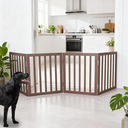 ZJSF Freestanding Indoor Dog Gate for House Foldable Wood Brown Puppy Gate for Doorways Pet Gate for Stairs Extra Wide Pet Fence 24" Height 4 Panels