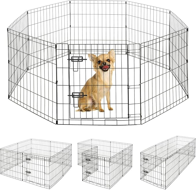 BOWHAUS Foldable Outdoor/Indoor Pet Playpen with Gate, Available in 24 Inch Height Metal Portable Kennel, Heavy-Duty Exercise Fence Cage 8 Panels for Small Dog, Animals