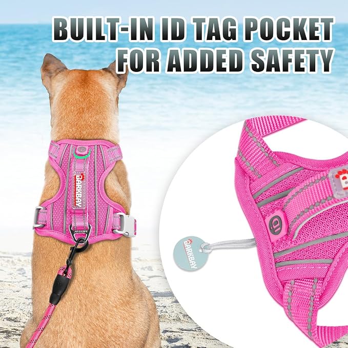 BARKBAY No Pull Dog Harness Large Reflective Dog Harness with Front Clip and Easy Control Handle for Walking Training Running with ID tag Pocket(Pink,S)