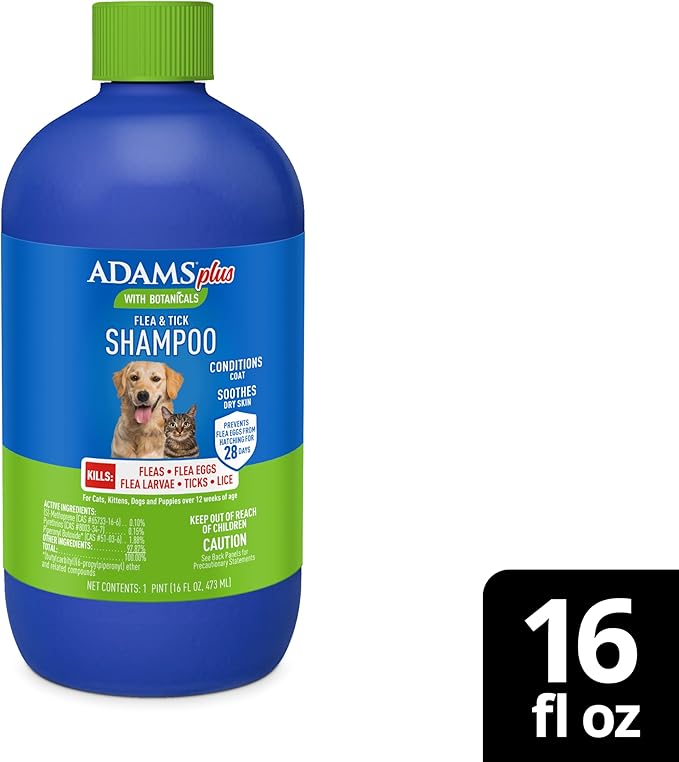 ADAMS Plus with Botanicals Flea & Tick Shampoo for Cats, Kittens, Dogs & Puppies, Flea Shampoo for Flea Infestations, Soothes & Conditions Dry Skin & Coat, Kills Fleas, Flea Eggs, Ticks & Lice, 16 oz