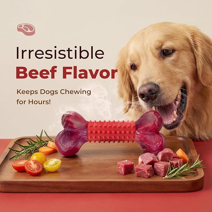 Apasiri Tough Dog Toys for Aggressive Chewers: Beef Flavored Long Lasting Dog Bones for Large Dogs, Heavy Duty Nylon & Rubber Dog Chew Toys to Keep Them Busy, Medium & Large Breed (20-80 lbs), Red