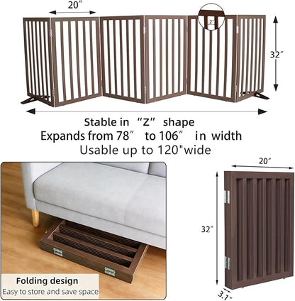 ZJSF Freestanding Indoor Dog Gate for House Foldable Wood Puppy Gate for Doorways Pet Gate for Stairs Extra Wide Pet Fence, Brown, 32" Height 6 Panels