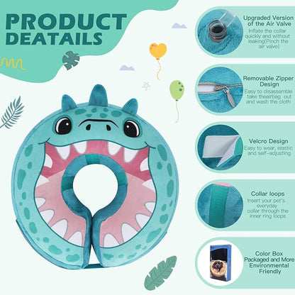 IEUUMLER Inflatable Recovery Dog Collar, Protective Donut Cone, Adjustable Soft Collar for Dog and Cat After Surgery Prevent from Biting & Scratching EU002 - Teal Dinosaur M