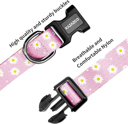 Kazazoo Dog Collar Cute and Soft Nylon Puppy Collar Girl, Adjustable Dog Collars for Small Medium Dogs, Pink Daisy-M