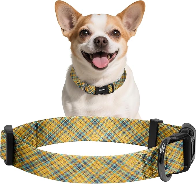 Kazazoo Dog Collar Cute and Soft Nylon Puppy Collar for Boy and Girl, Adjustable Dog Collars for Small Medium Dogs, Yellow&Blue Plaid-XS