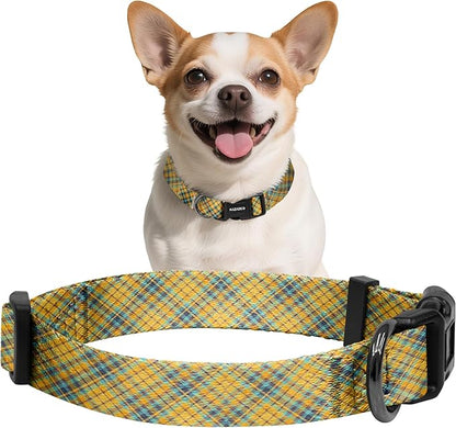 Kazazoo Dog Collar Cute and Soft Nylon Puppy Collar for Boy and Girl, Adjustable Dog Collars for Small Medium Dogs, Yellow&Blue Plaid-XS