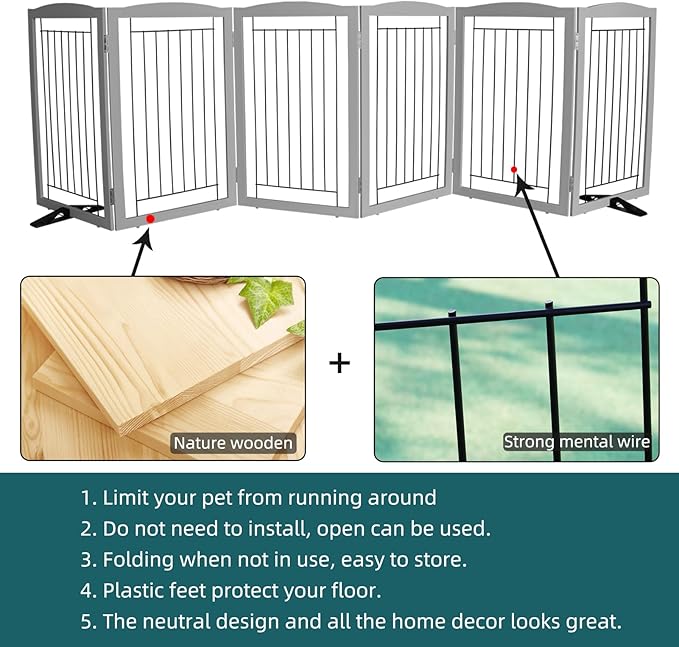 ZJSF Freestanding Dog Fence Indoor, Foldable Dog Gate for Doorways, Stairs or Hallways, Sturdy Wood Extra Wide Pet Gate with Support Feet for The House, Grey, 32 "Height-6 Panels
