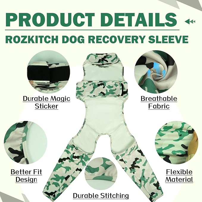 ROZKITCH Dog Surgery Suit Rear Leg Rear Legs, Pet Sleeve to Prevent Licking Wound Elbow Protector, Dog Recovery Suit Cone Collar Alternative for Sprain ACL CCL Arthritis Joint Care Camouflage M
