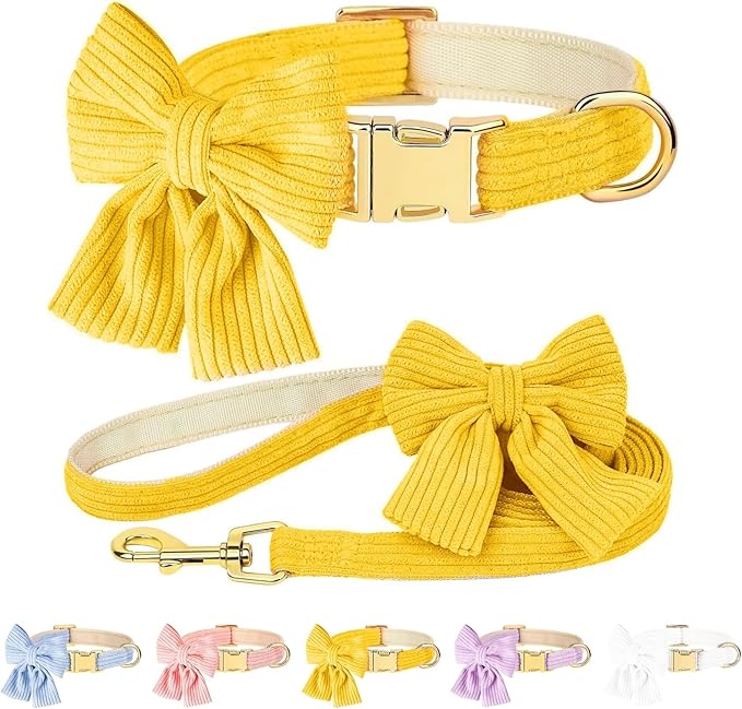 Dog Collar and Leash Set with Bowtie, Girl Dog Collars Metal Buckle Adjustable for Small Medium Dogs (Yellow, S: Neck 10"-16" Leash 5 FT)