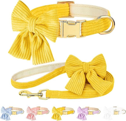 Dog Collar and Leash Set with Bowtie, Girl Dog Collars Metal Buckle Adjustable for Small Medium Dogs (Yellow, S: Neck 10"-16" Leash 5 FT)