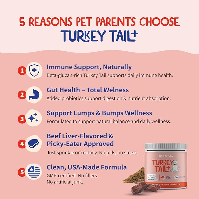 Fifth & Fido Turkey Tail Mushroom for Dogs – Lipoma Treatment for Dogs - Mushroom Supplement with Immune Support for Lipoma, Lumps & Bumps – Premium Pet Vitamins and Supplements Made in USA, 100 Serv.