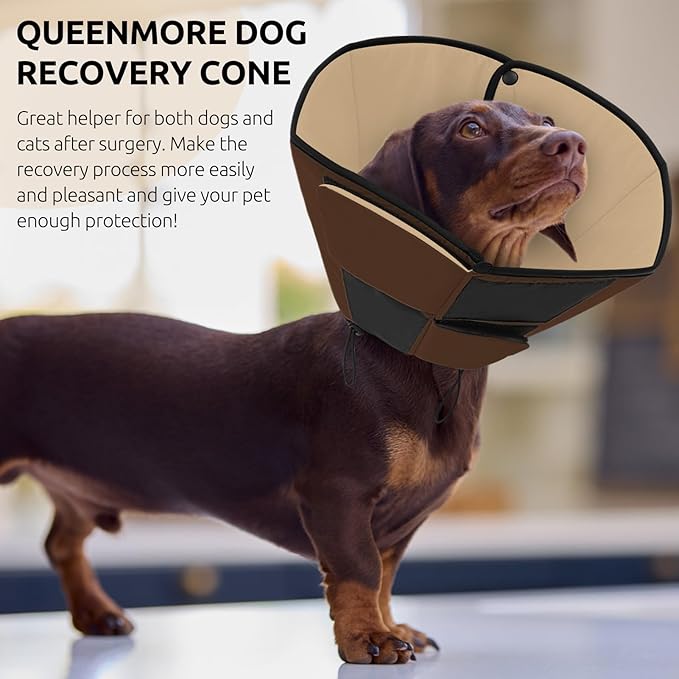 Queenmore Dog Cones for Medium Dogs, Soft Dog Cone Collar After Surgery, Pet Cone for Dogs Wound Care, Spay, Neuter, Breathable Pet Surgery Collars & Cones, Brown M