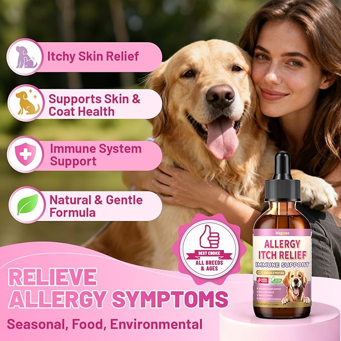 Wagmee Allergy Relief Drops for Dogs, Dog Itchy Skin Relief & Natural Anti Itch Yeast with Omega-3, Turmeric for Dogs Ears Paw Relief - Dog Seasonal Allergies, Skin & Coat Immune Supplement