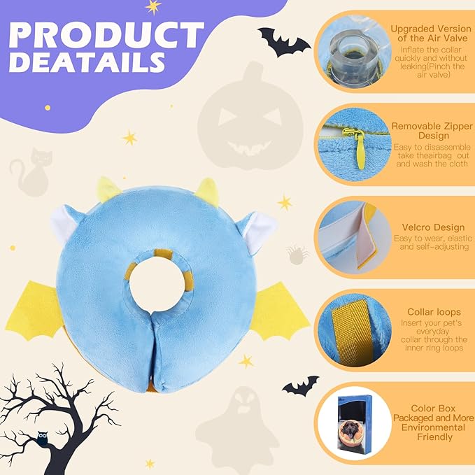 IEUUMLER Inflatable Recovery Dog Collar, Protective Donut Cone, Adjustable Soft Collar for Dog and Cat After Surgery Prevent from Biting & Scratching EU002 - Vampire M+